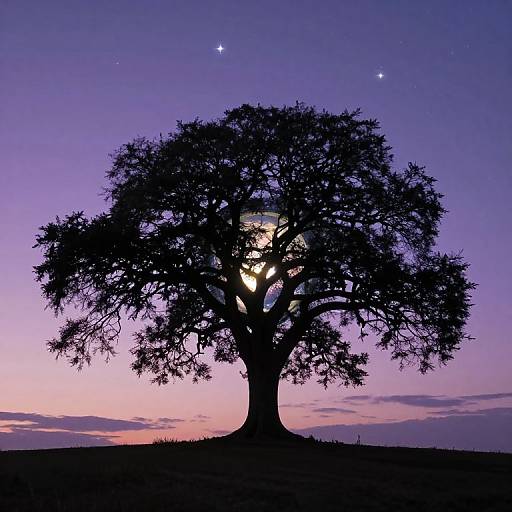 Silhouetted tree with glowing moon in center, set against a purple and pink twilight sky with scattered stars. Photograph.
