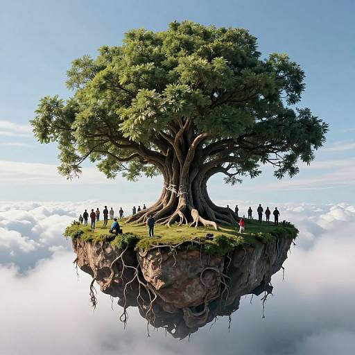 Photorealistic digital artwork of a massive, gnarled tree floating on a rocky island above clouds, surrounded by small, diverse people.