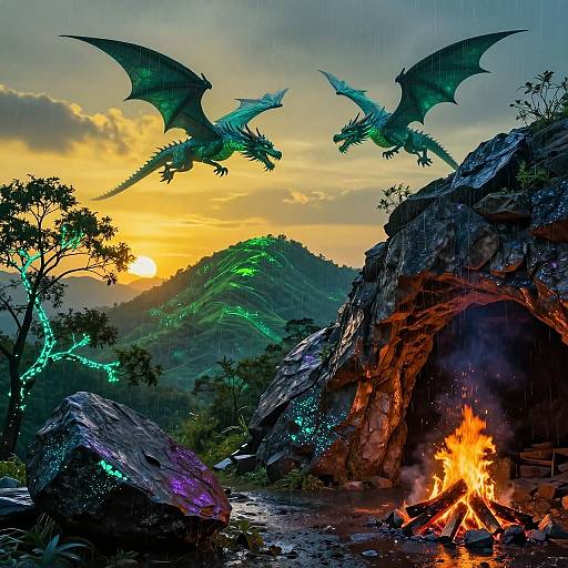 Mesmerizing Sunset with Flying Dragons