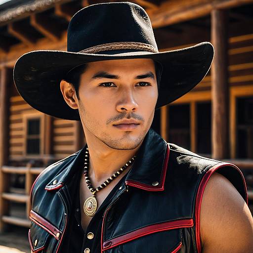Asian Man in Black Cowboy Hat and Leather Vest