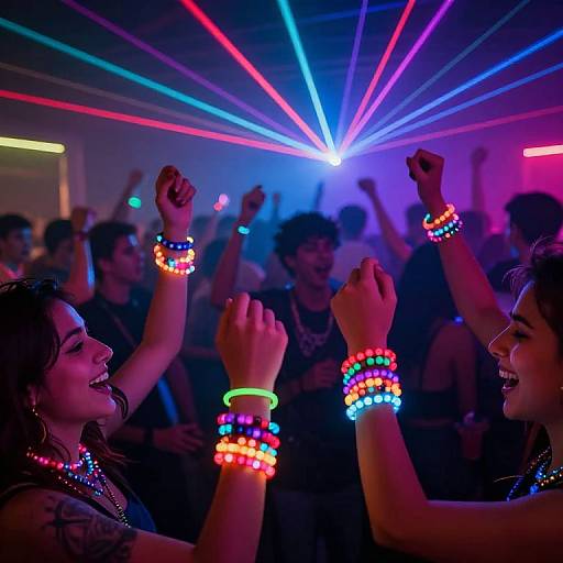 Photograph of a vibrant, neon-lit dance party with a diverse crowd, women in colorful beaded bracelets cheering, laser lights in blue, red