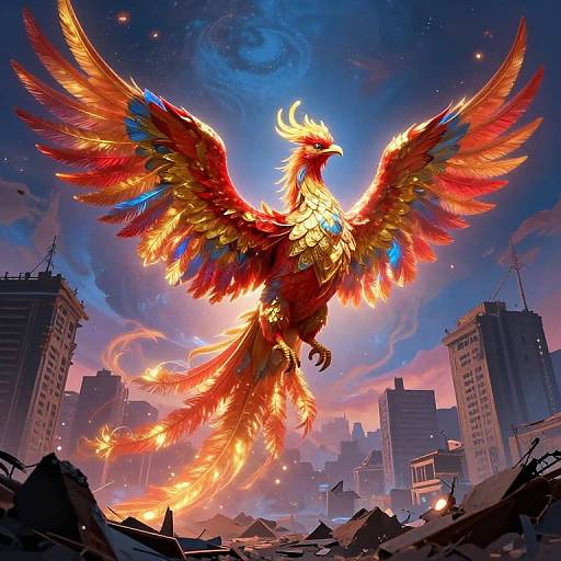 Digital painting: A radiant, red and golden phoenix with fiery feathers soars above a destroyed cityscape, surrounded by a dramatic, star-studded sky