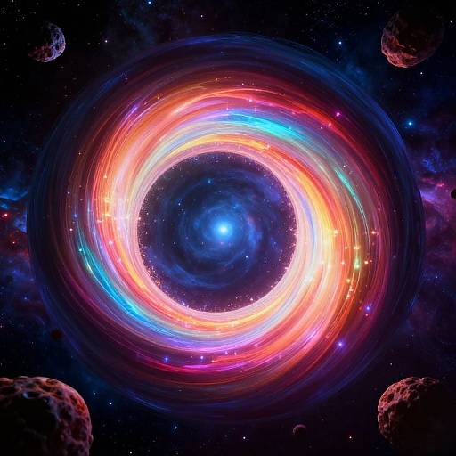 Digital artwork of a vibrant, colorful galaxy with a bright, swirling core surrounded by red, orange, blue, and white light rings, set against a