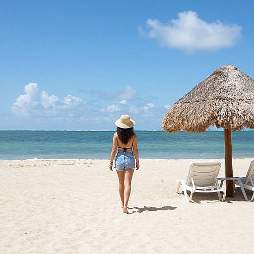 Photograph of a woman with long black hair, wearing a white sunhat and denim shorts, walking on a sunny, white sandy beach with a that