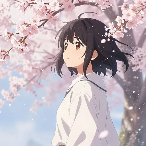 Anime-style digital drawing of a black-haired girl with brown eyes, wearing a white school uniform, standing under blooming cherry blossoms.