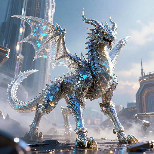 Digital artwork of a metallic, blue and silver dragon with glowing accents, large wings, and spiked back, standing in a futuristic, sunlit cityscape