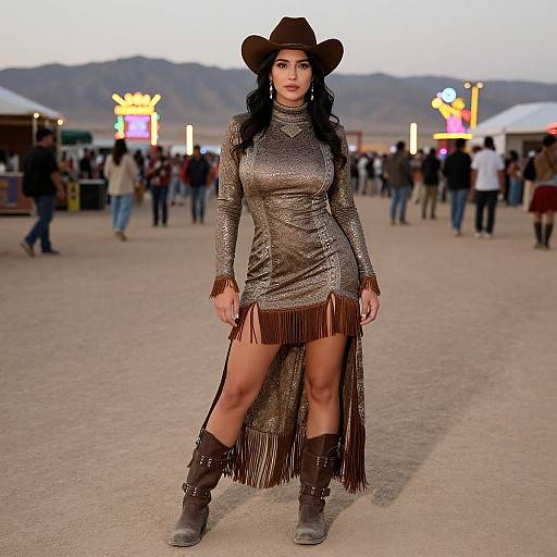 Photograph of a confident woman in a shimmering, fringed, long-sleeve dress, brown cowboy hat, and boots, standing in a