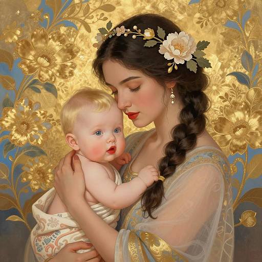 Serene Mother and Baby in Floral Art