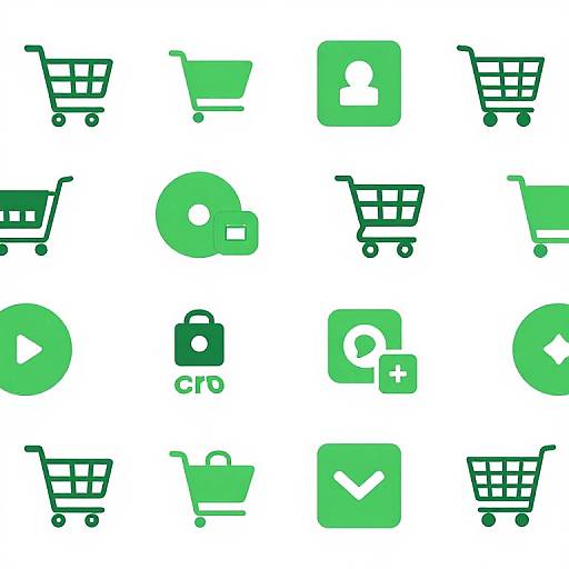 Pattern of green shopping cart and icon symbols (user, play, lock, search, plus, checkmark) on white background. Digital illustration.