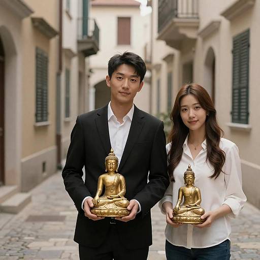Couple with Golden Buddhas in Alley