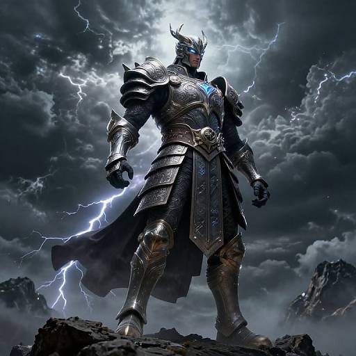 Epic digital art of a muscular, armored warrior with glowing blue chest plate, horned helmet, standing on rocky terrain amid a stormy, lightning