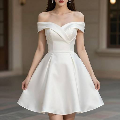 Photograph of a slender woman with long black hair, wearing an off-shoulder, white, strapless, A-line dress, standing outdoors.