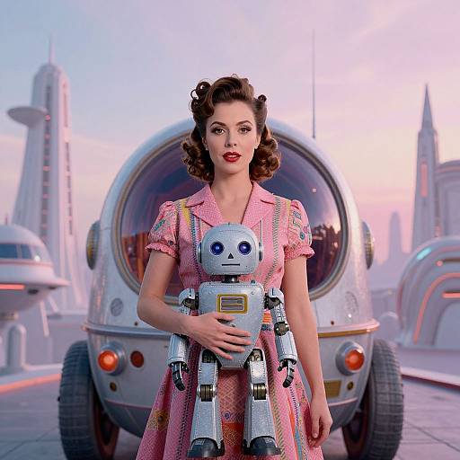 Retro-style woman in pink dress holding robot, futuristic cityscape background with flying cars and domed vehicles, vibrant colors, CGI art.