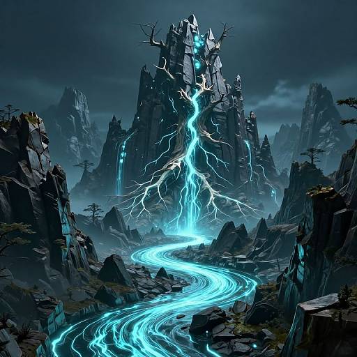 Digital fantasy artwork of a dark, rocky landscape with glowing blue lightning flowing from a towering, jagged, crystalline structure down a winding, luminous