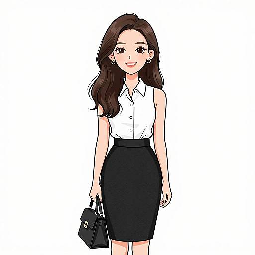 Digital illustration of an attractive woman with long brown hair, wearing a white sleeveless blouse, black skirt, holding a black handbag.