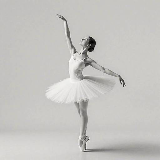 Black-and-white photograph of a ballerina in a white tutu, poised gracefully with one arm raised and the other extended. She stands en point