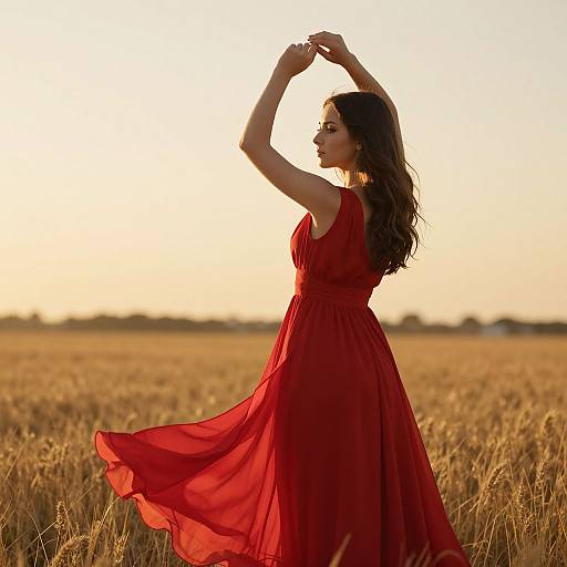Photograph of a woman with long brown hair, wearing a flowing red dress, dancing in a golden wheat field at sunset.
