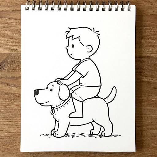 Black and white sketch of a smiling boy riding a happy dog, simple lines, on a spiral-bound sketchpad, wooden table background.