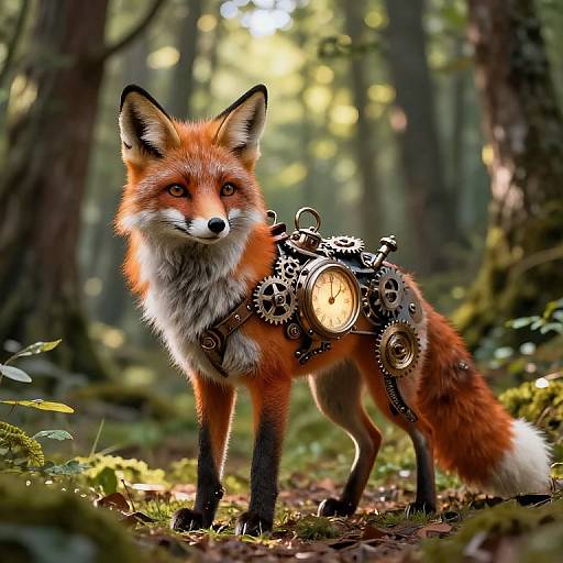 Photograph of a red fox standing in a forest, wearing a steampunk clockwork harness with a glowing clock, surrounded by sunlight and greenery