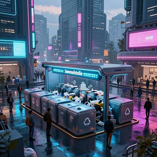 CGI cityscape of a futuristic, neon-lit street with a blue-lit 