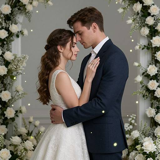 Photograph of a couple in a romantic embrace; the bride in a white lace dress, the groom in a black suit, surrounded by white roses and