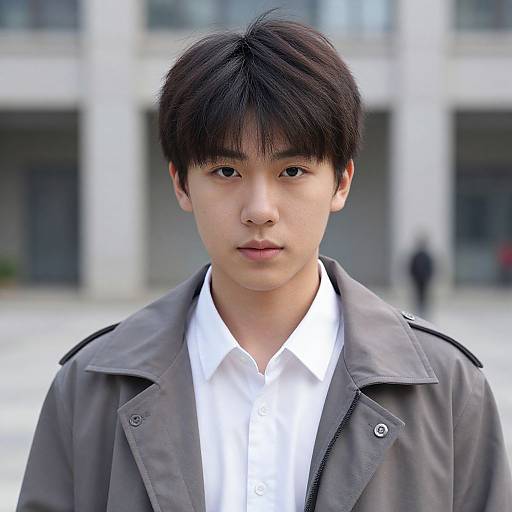 Photograph of a young Asian man with short black hair, wearing a grey jacket over a white shirt, standing in front of a blurred modern building.