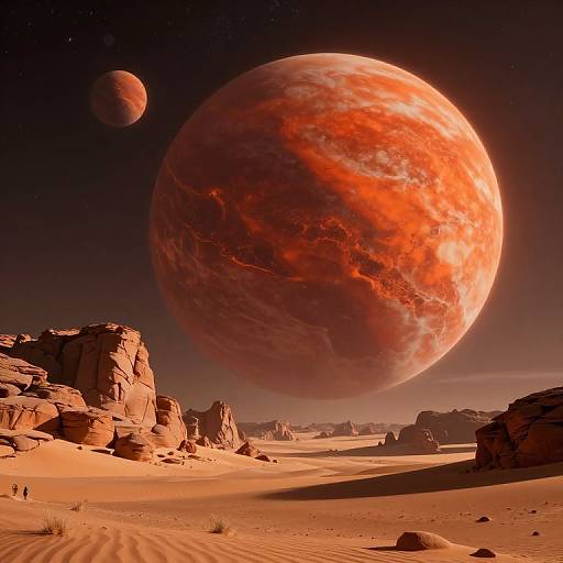 Photorealistic CGI of a desert with towering red-orange planet in the sky, smaller planet in background, rocky formations, and two tiny figures in the