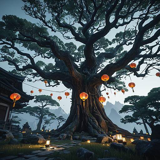 Ancient Tree with Floating Lanterns at Dusk