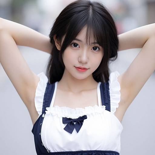 Photograph of an Asian woman with black hair, wearing a black and white maid outfit with a black bow, arms raised, smiling, blurred outdoor background