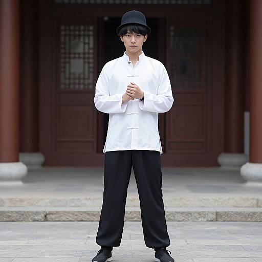 Photograph of an Asian young man in white long-sleeve shirt, black pants, black shoes, and black cap, standing in front of traditional