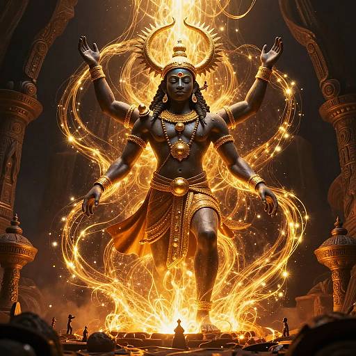 Digital artwork of a fiery, six-armed deity with a halo, adorned in golden jewelry, standing amidst flames, surrounded by dark pillars.