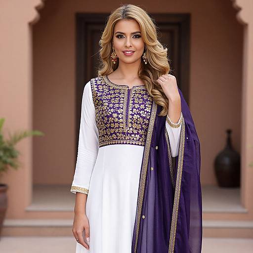 Blonde Woman in White and Purple Sari