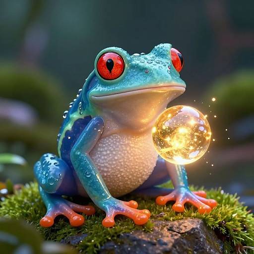 Luminous Cyberpunk Frog with Magic Orb