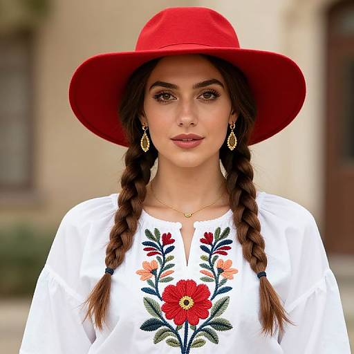 Woman with Red Hat and Embroidered Blouse