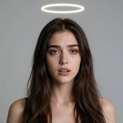 Photograph of a young woman with long, dark brown hair, pale skin, and brown eyes, wearing a glowing white halo against a gray background.