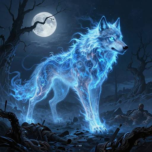 Digital artwork of a glowing blue, ethereal wolf with neon fur and eyes, standing in a dark, moonlit cemetery with broken trees and tombstones