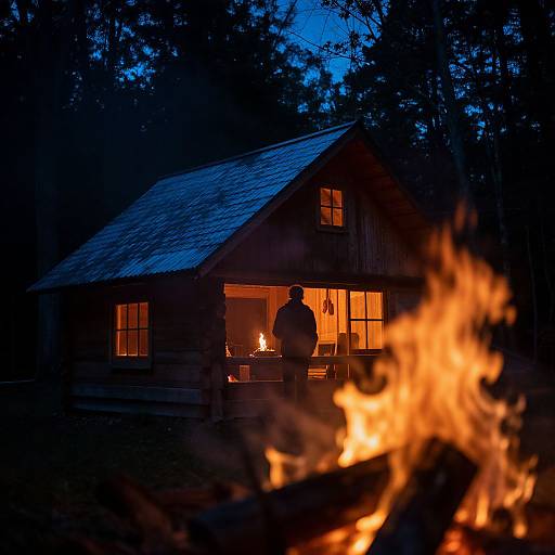 Nighttime Cabin with Campfire
