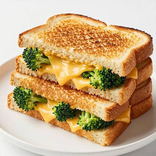 Photograph of stacked grilled cheese sandwiches filled with melted cheddar and broccoli on a white plate, showcasing golden-brown toasted bread.