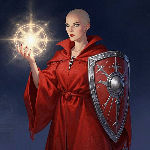Digital art of a bald, fair-skinned woman in a red robe, holding a glowing magical circle and a metallic shield.