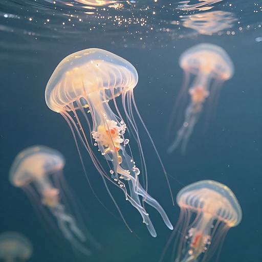 Photograph of glowing jellyfish with translucent, orange-lit bell and flowing tentacles in a deep blue underwater scene.