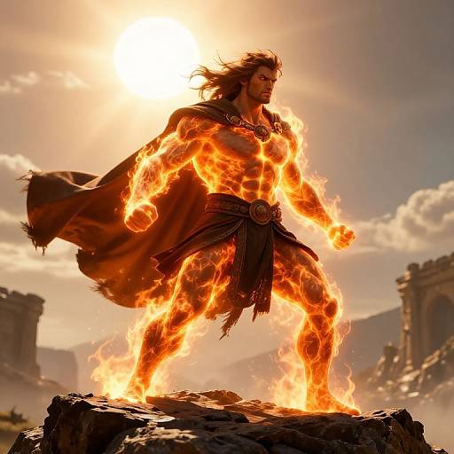 Photograph-style CGI of a muscular, bearded man with flowing hair, engulfed in fiery flames, wearing a tattered cloak and belt, standing