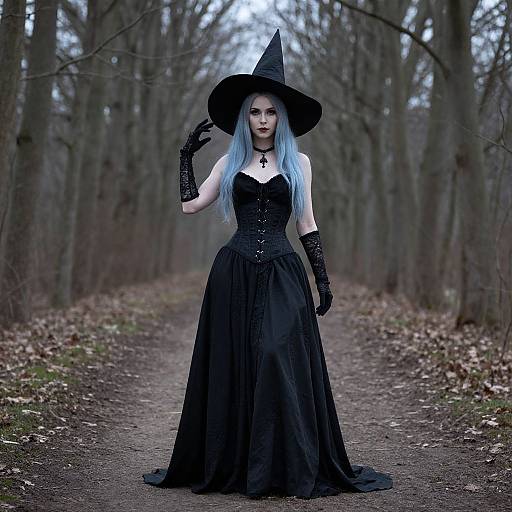 Photograph of a pale-skinned woman with long blue hair, black witch hat, corseted black gown, and gloves, standing on a forest
