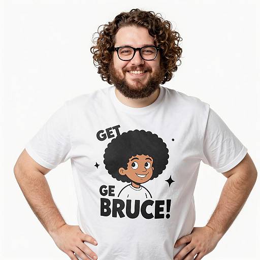 Smiling Man Wearing 'Get Bruce!' T-shirt