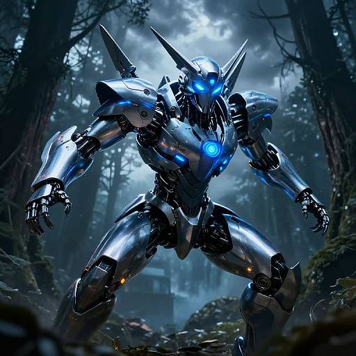 CGI image of a shiny, blue-glowing, humanoid robot with sharp spikes, standing in a dark, misty forest under a moonlit