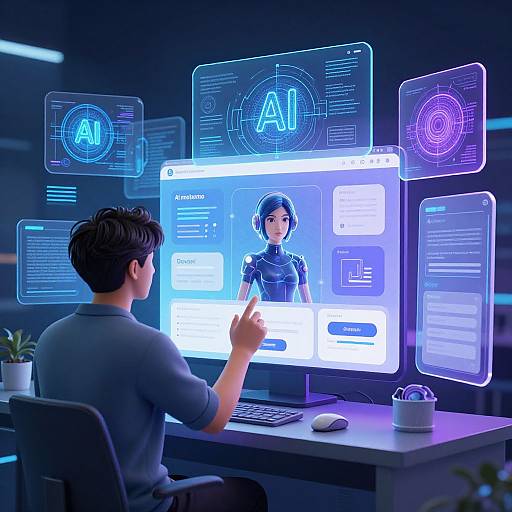 Digital illustration of a man in a grey shirt interacting with futuristic holographic AI interfaces on multiple glowing blue screens.