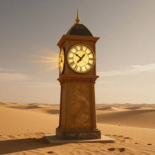 Photograph of a vintage clock tower standing in a golden desert at sunset, with sand dunes and a clear sky in the background.