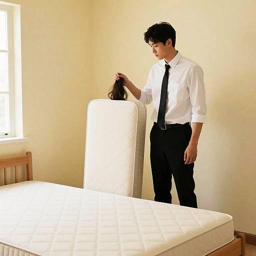 Man in Formal Attire by Mattress