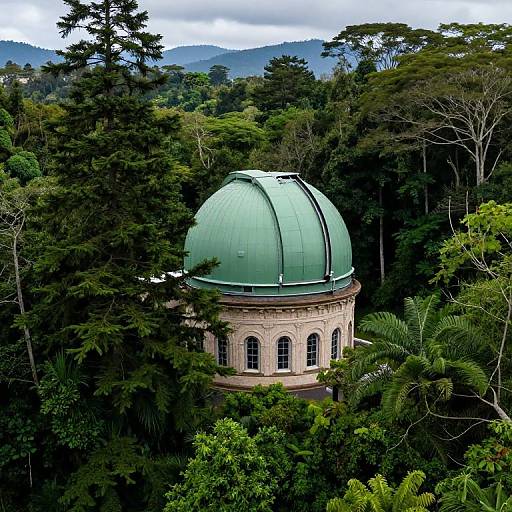 Photograph of a green-domed observatory nestled in dense, lush green forest with towering trees and misty mountains in the background.