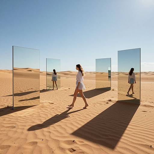 Photograph of a woman in a white dress walking through a desert with tall glass panels casting long shadows under a clear blue sky.