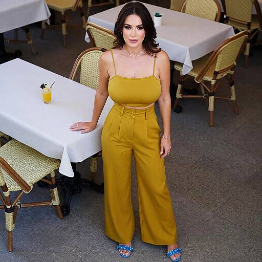 Photograph of a brunette woman with medium skin tone, wearing a mustard-yellow spaghetti strap top and high-waisted pants, standing in a restaurant with